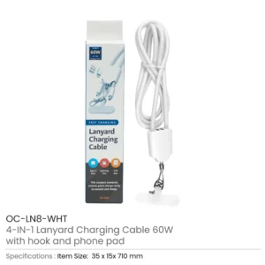 4 in 1 Lanyard Charging Cable 60W, 120cm Long with ID Hook & Phone Pad