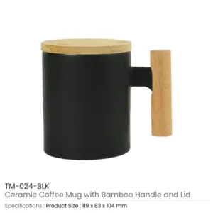 Black Ceramic Coffee Mugs with Bamboo Handle and Lid