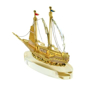 Golden Boat Shaped Memento in Metal with Glass Base